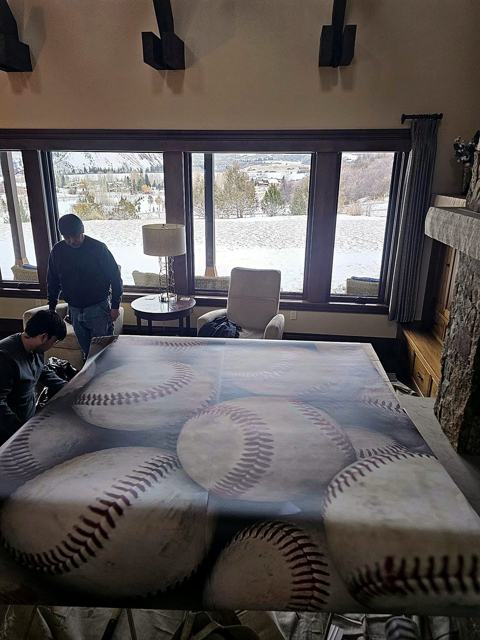 Baseball mural — kid's room: Laying out the mural panels