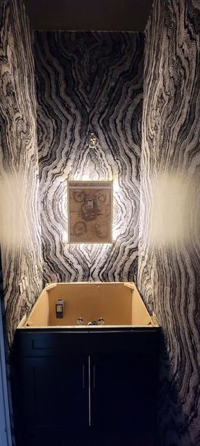Faux bois powder room: Finished vanity nook