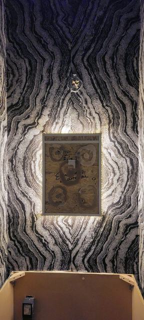 Faux bois powder room: Full wall view