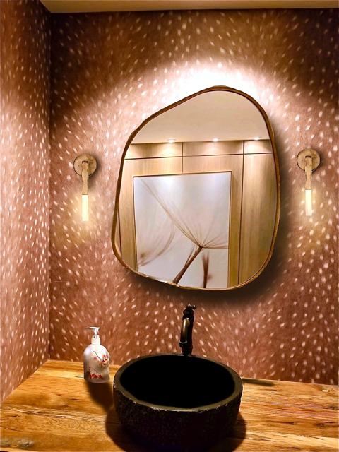 Fawn-spot powder room: Finished room with stone vessel sink
