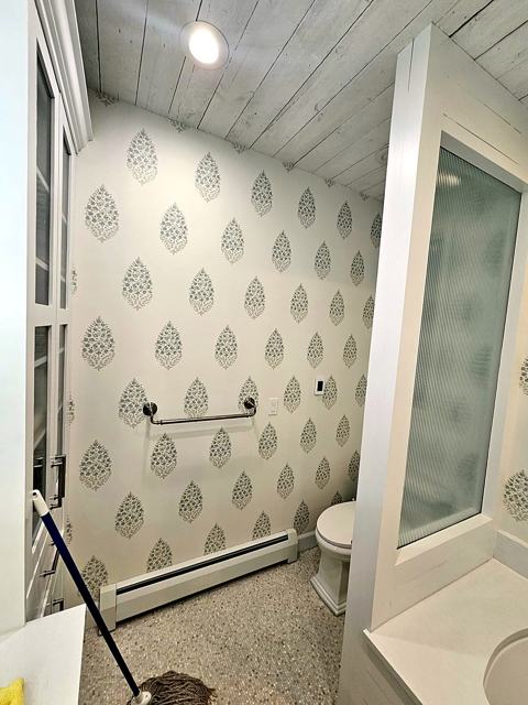 Block-print bath: Pattern detail at the door