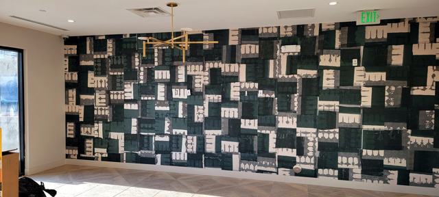 Mail room & block-print wall — commercial: Block-print feature wall