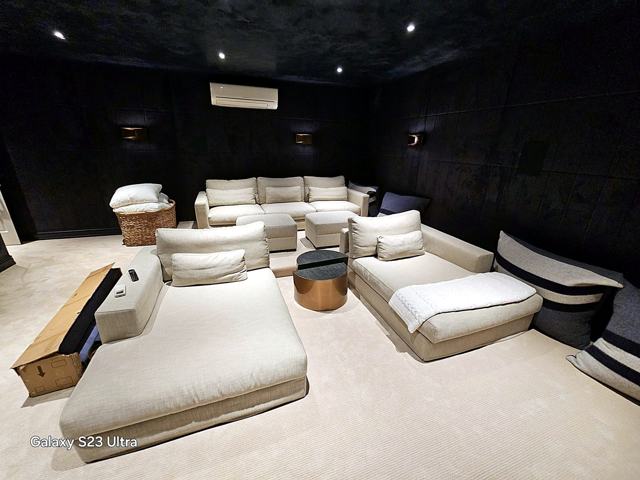 Suede-finish home theater: Furnished and finished