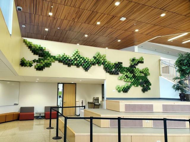 Acoustic vine wall — community atrium: The finished atrium