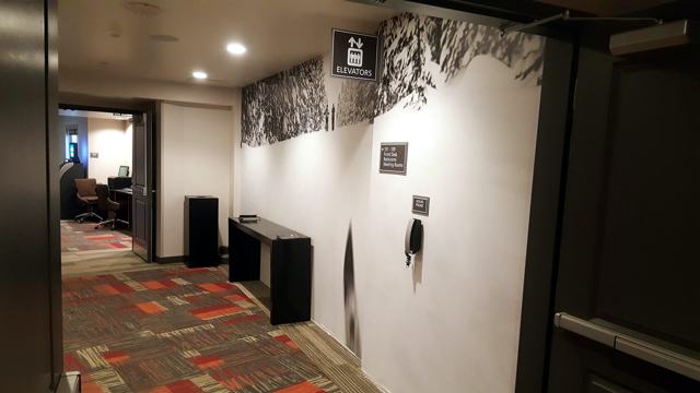 Photographic winter murals — hotel: Elevator lobby